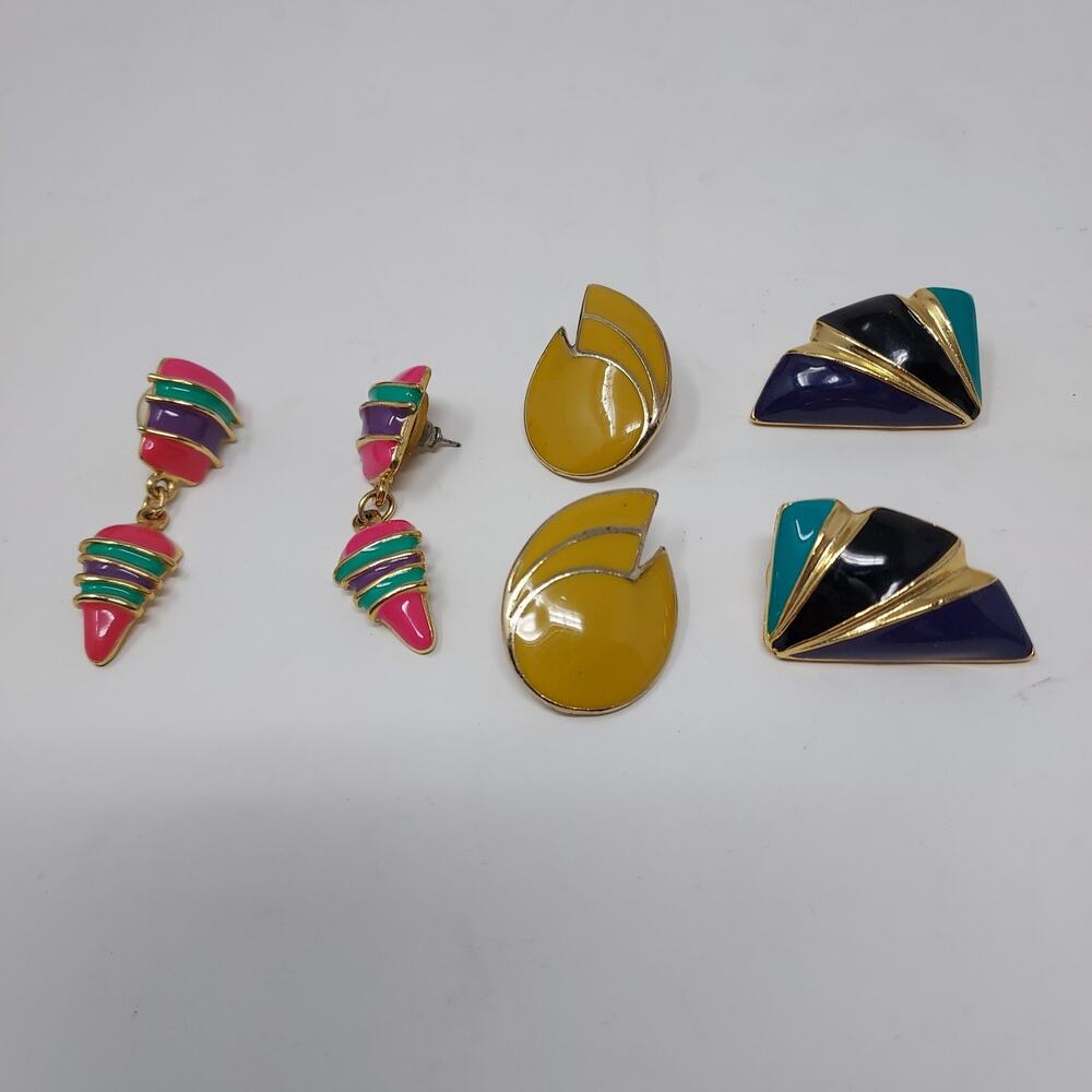 1980s Retro Enamel Pierced Earring Lot 3 Incl Pac-Man Shape Colorful
